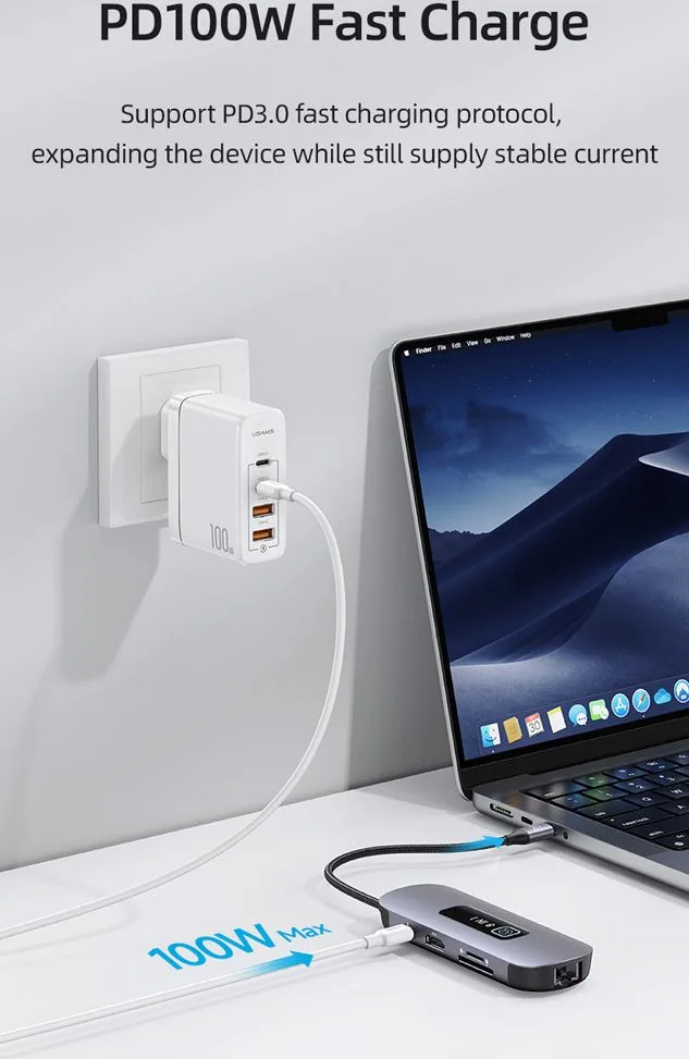 USAMS docking station US-SJ643, 8 θυρών, USB-C, 4K, 100W PD, LAN, γκρι — εικόνα 4