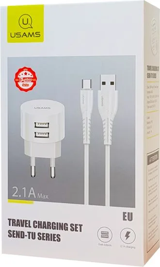 USAMS φορτιστής τοίχου T20 & καλώδιο type-C, 2x USB, 2.1A, λευκός — εικόνα 5
