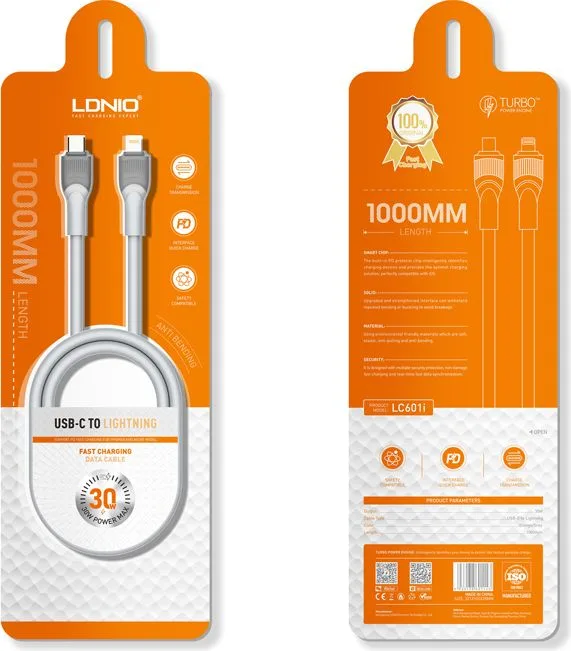 LDNIO καλώδιο Lightning σε USB-C LC601I, 30W PD, 1m, γκρι — εικόνα 4