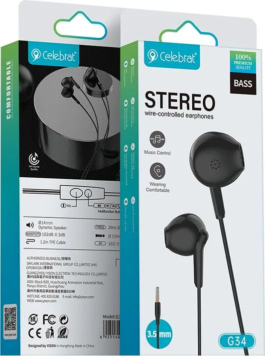 CELEBRAT earphones με μικρόφωνο G34, 3.5mm σύνδεση, 14mm, 1.2m, μαύρα — εικόνα 4