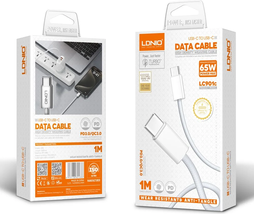 LDNIO καλώδιο USB-C LC901C, 65W PD, 480Mbps, 1m, λευκό — εικόνα 6