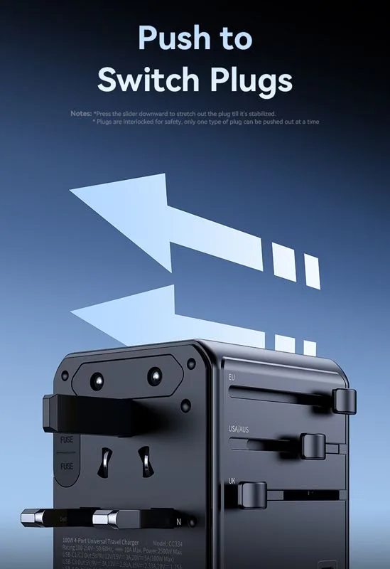 USAMS φορτιστής/αντάπτορας πρίζας CC334, USB & 3x USB-C, universal, 100W, GaN, μαύρος — εικόνα 5
