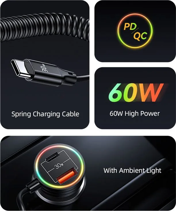 USAMS φορτιστής αυτοκινήτου US-CC167 με καλώδιο, USB/USB-C, 60W, μαύρος — εικόνα 3