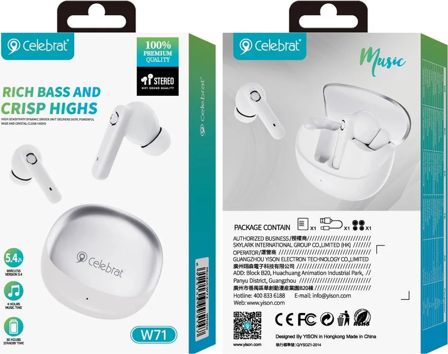 CELEBRAT earphones με θήκη φόρτισης W71, True Wireless, 10mm, 30/200mAh, λευκά — εικόνα 4