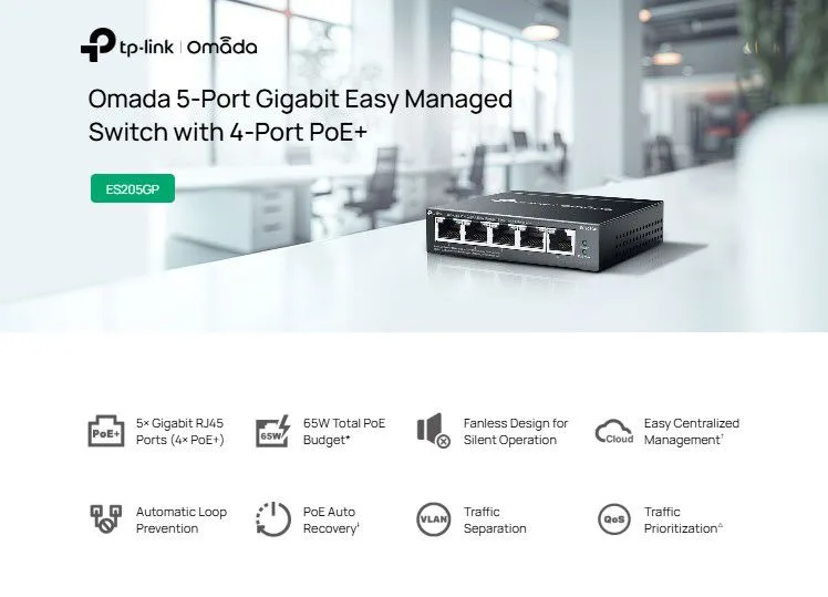 TP-LINK easy managed switch ES205GP, 5x Gigabit θύρες, PoE+, V1.0 — εικόνα 2