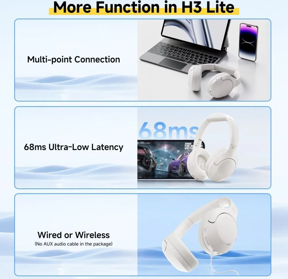 QCY H3 Lite Headset White - ANC Noise Canceling 40mm drivers 68ms latency - 60h battery — εικόνα 4