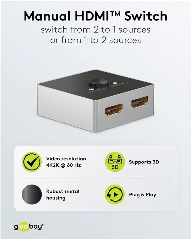 GOOBAY HDMI switch 58486, 2-in σε 1-out, 4K/60Hz, μαύρο — εικόνα 4