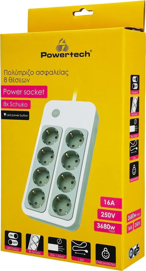 POWERTECH πολύπριζο ασφαλείας PT-1534, 8 θέσεων, 16A, 1.5m, λευκό — εικόνα 3