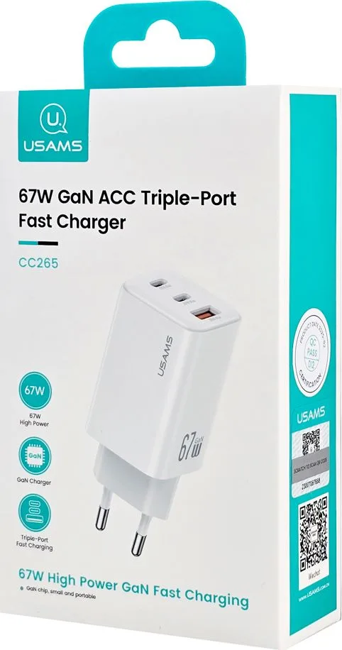 USAMS φορτιστής τοίχου CC265, USB & 2x USB-C, 67W, GaN, λευκός — εικόνα 9