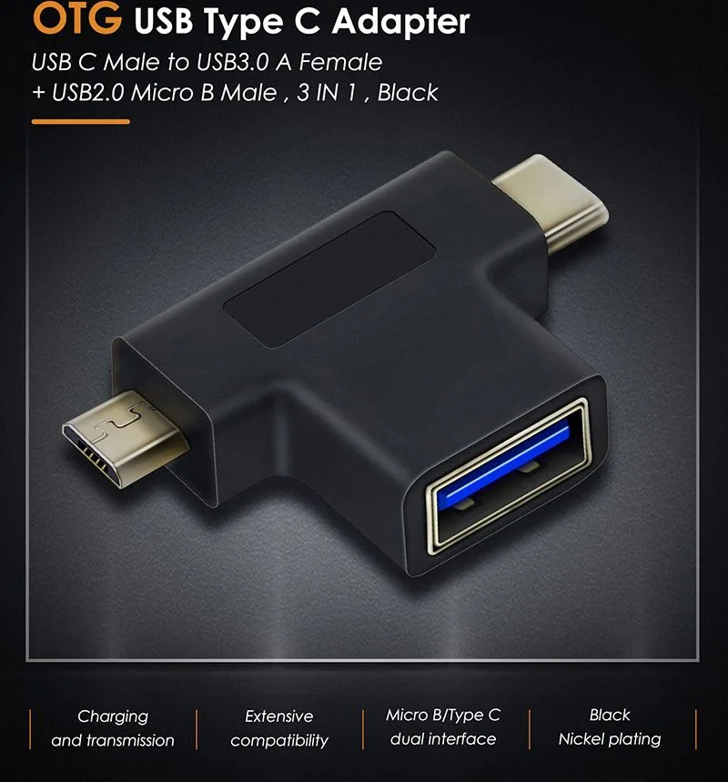 CABLETIME αντάπτορας USB σε USB-C & micro USB CT-3IN1-AB, 5Gbps, μαύρος — εικόνα 2