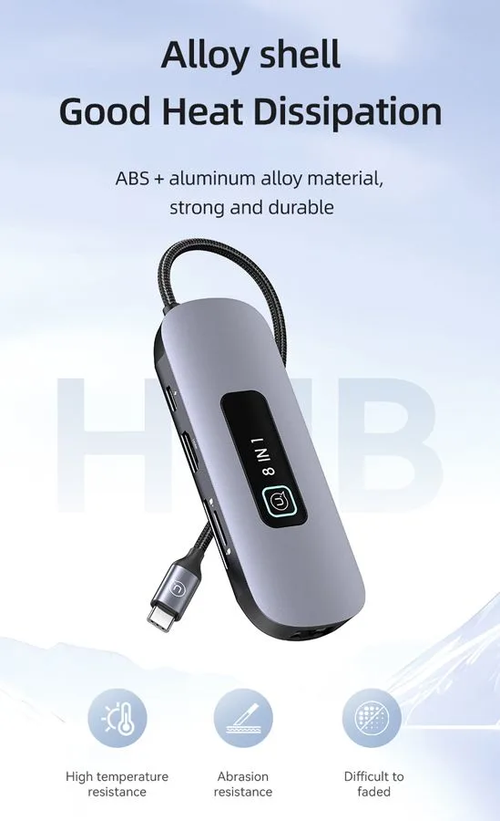 USAMS docking station US-SJ643, 8 θυρών, USB-C, 4K, 100W PD, LAN, γκρι — εικόνα 7