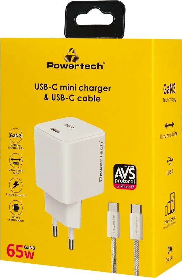 POWERTECH φορτιστής τοίχου PT-1577 με καλώδιο, USB-C, 65W, GaN, AVS, λευκός — εικόνα 3