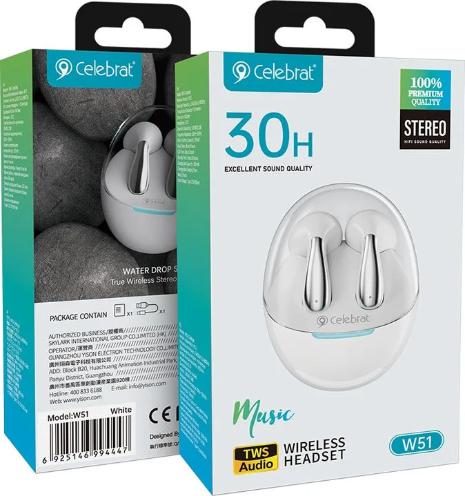 CELEBRAT earphones με θήκη φόρτισης W51, True Wireless, Φ13mm, λευκά — εικόνα 5