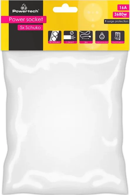 POWERTECH πολύπριζο ασφαλείας PT-882, 5x schuko, 16A, 3m, λευκό — εικόνα 2