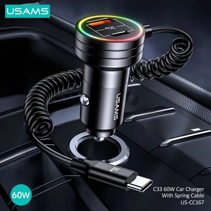 USAMS φορτιστής αυτοκινήτου US-CC167 με καλώδιο, USB/USB-C, 60W, μαύρος — εικόνα 2