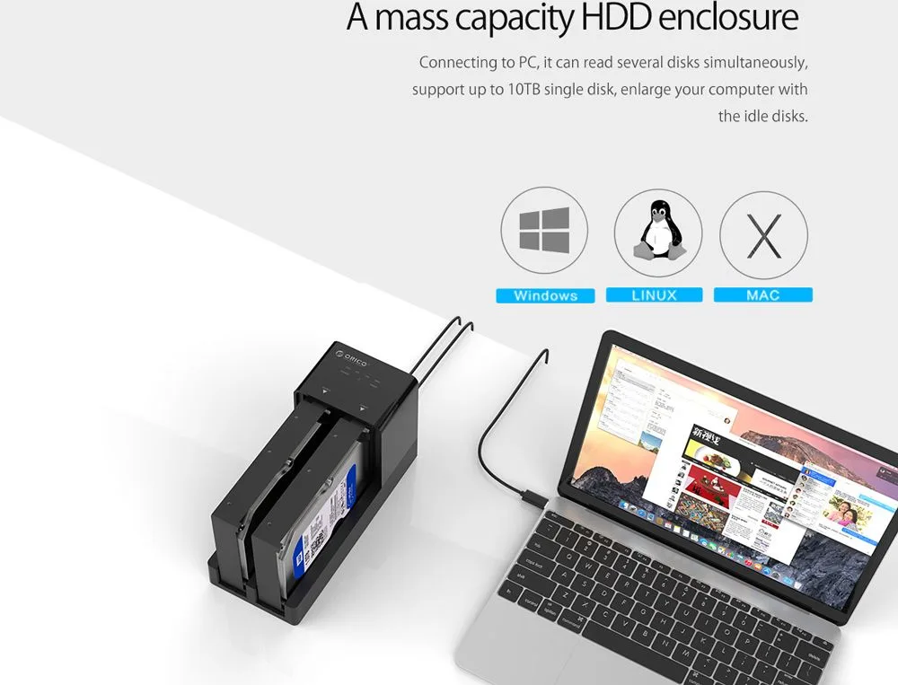 ORICO docking station για 2.5" ή 3.5" SATA HDD/SSD 6528US3-C, 2 θέσεων, 5Gbps, clone function, μαύρο — εικόνα 6