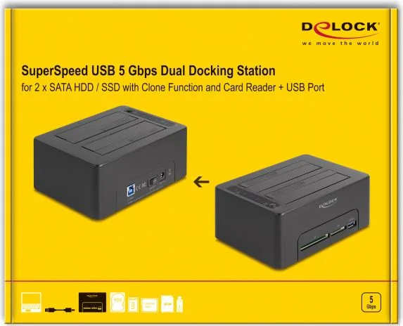 DELOCK docking station για 2.5" ή 3.5" SATA HDD/SSD 64183, 2 θέσεων, με card reader, 5Gbps, clone function, μαύρο — εικόνα 6