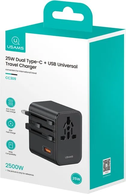 USAMS φορτιστής/αντάπτορας πρίζας CC309, USB & 2x USB-C, universal, 25W, μαύρος — εικόνα 9