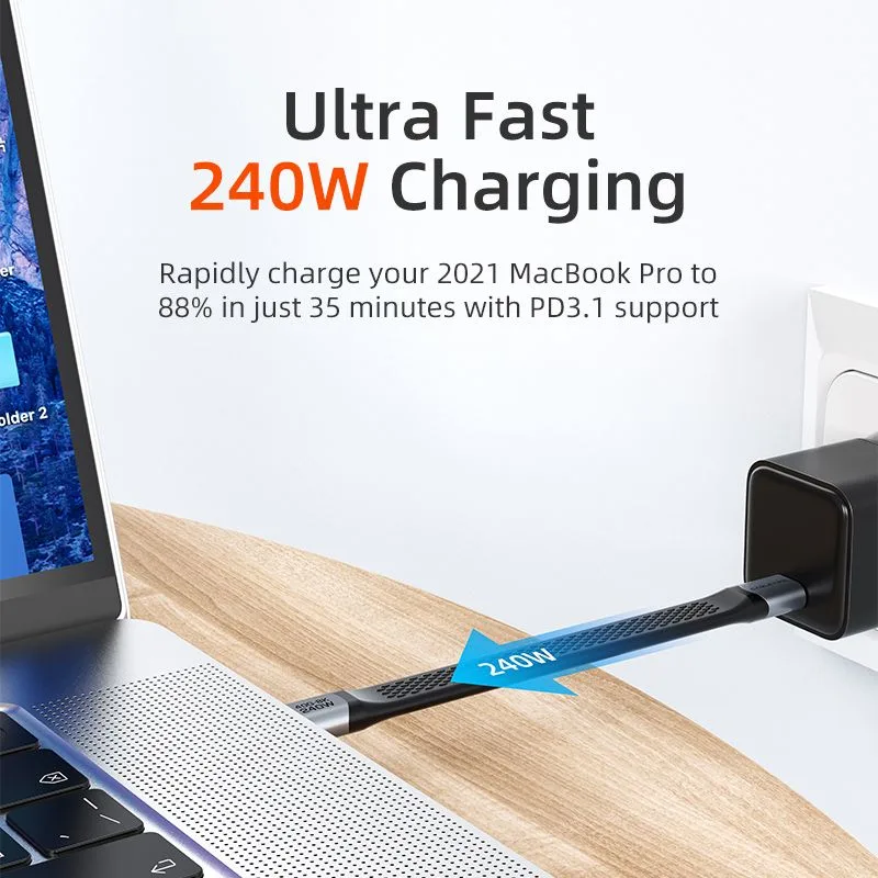 CABLETIME καλώδιο USB-C CT-FU4-AG, flat, 240W, 40Gbps, 8K/60Hz, USB4, 0.15m, μαύρο — εικόνα 3