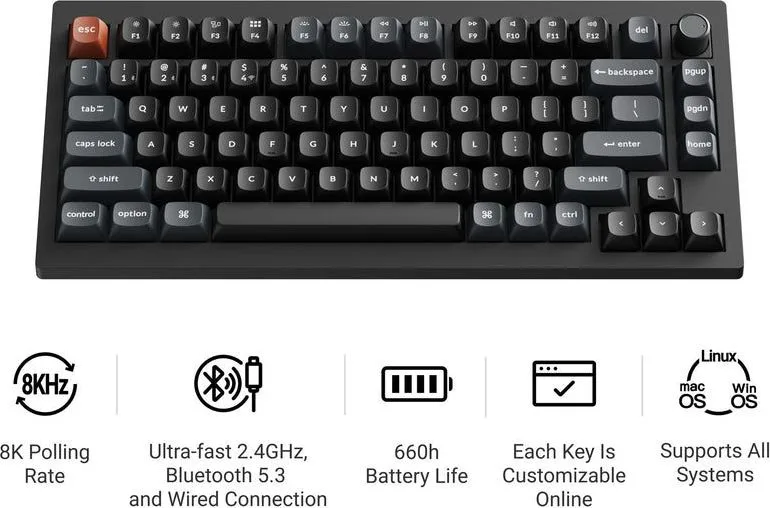 Keychron V1 Ultra (V1U-D1) QMK/VIA 8K Wireless Custom Mechanical Keyboard Red Switch RGB 75% US — εικόνα 2
