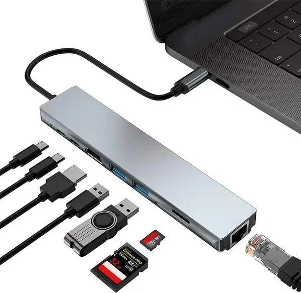 POWERTECH docking station PT-1536, 8 θυρών, USB-C σύνδεση, 87W PD, 100Mbps, γκρι — εικόνα 2