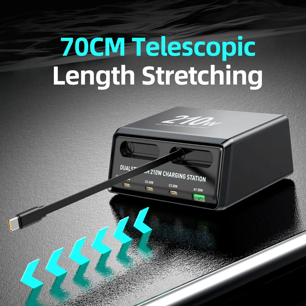 POWERTECH σταθμός φόρτισης PT-1623, USB/3x USB-C/2x USB-C καλώδια, GaN, 160W, μαύρος — εικόνα 3