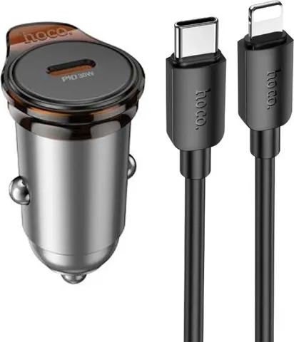 HOCO NZ16 φορτιστής ΑΥΤΟΚΙΝΗΤΟΥ, Rigorous PD30W, 1 θύρα , καλώδιο Type-C TO Lightning, γκρι