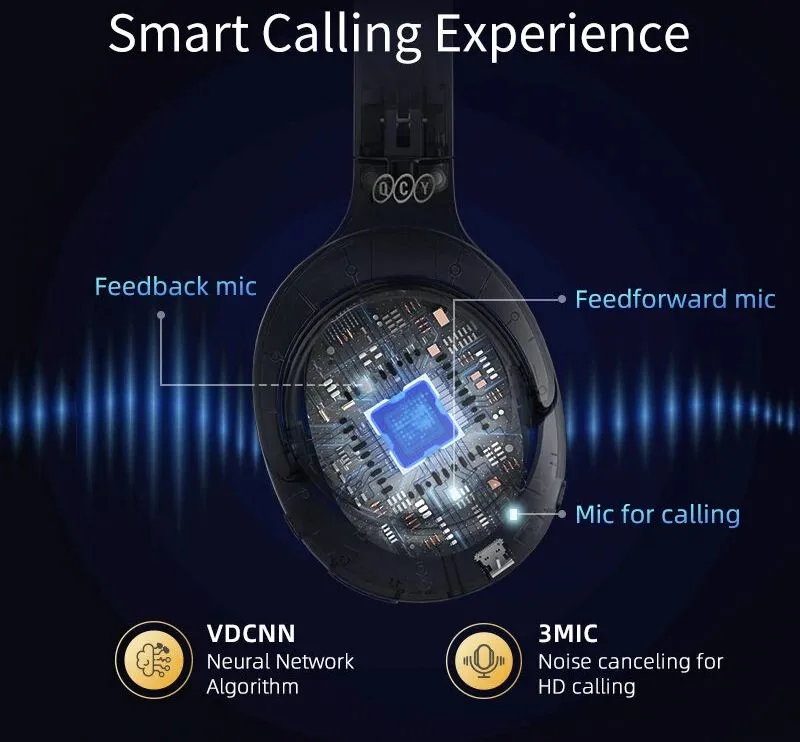 QCY H3 High-Res Headset Blue - w. Mic, Active Noise Canceling with 4 mode ANC 60h Multipoint — εικόνα 6