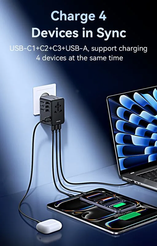 USAMS φορτιστής/αντάπτορας πρίζας CC334, USB & 3x USB-C, universal, 100W, GaN, μαύρος — εικόνα 3