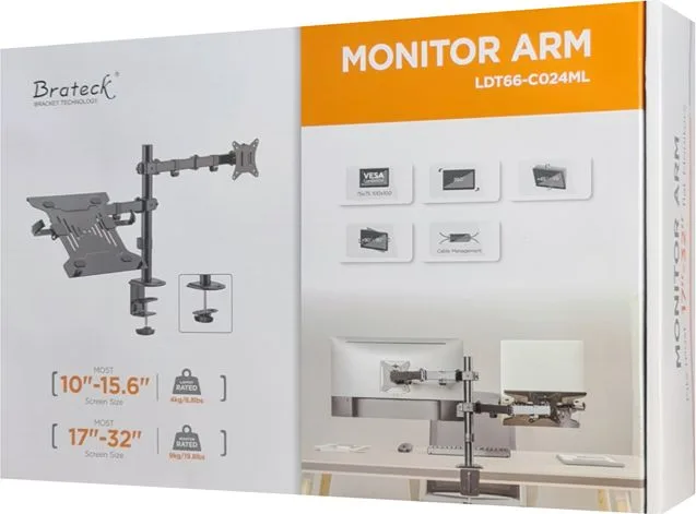 BRATECK βάση γραφείου οθόνης LDT66-C024ML, 17-32", έως 9kg, με θέση για laptop — εικόνα 7