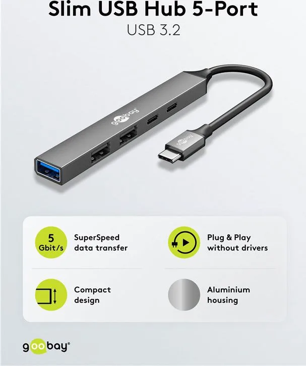 GOOBAY USB hub 74460, 5x θυρών, USB 3.2, 5Gbps, 100W, USB-C σύνδεση, γκρι — εικόνα 5