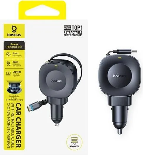 BASEUS Primetrip VR2, φορτιστής ΑΥΤΟΚΙΝΗΤΟΥ, με ΑΝΑΔΙΠΛΟΥΜΕΝΟ καλώδιο Type-C, 45W, ΜΑΥΡΟΣ — εικόνα 4