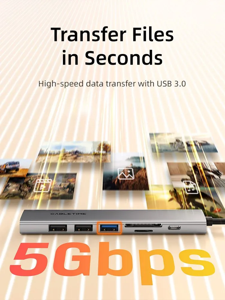 CABLETIME docking station CT-HBP2-AG7, 7 θυρών, USB-C, 4K, 100W, γκρι — εικόνα 4
