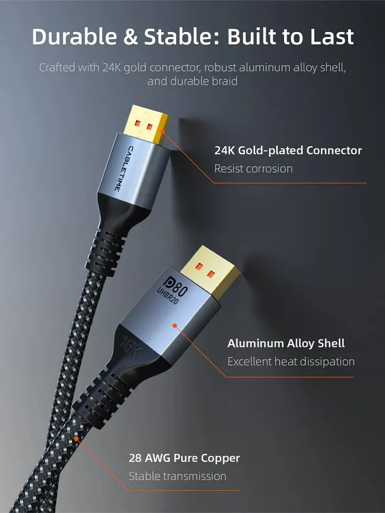 CABLETIME καλώδιο DisplayPort 2.1 CT-DP16K, VESA Certified, 16K/60Hz, 80 Gbps, 2m, μαύρο — εικόνα 2