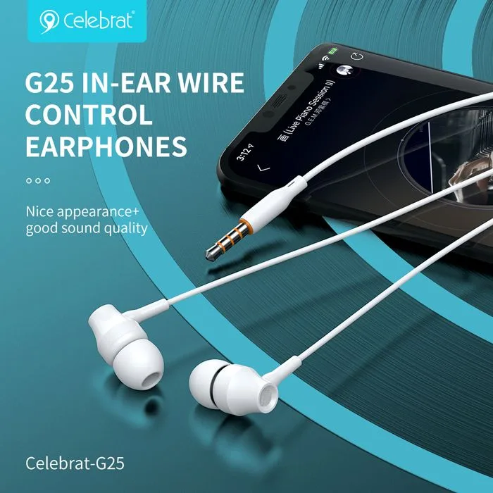 CELEBRAT earphones με μικρόφωνο G25, 3.5mm σύνδεση, Φ10mm, 1.2m, λευκά — εικόνα 3