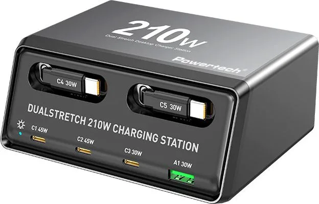POWERTECH σταθμός φόρτισης PT-1623, USB/3x USB-C/2x USB-C καλώδια, GaN, 160W, μαύρος — εικόνα 6