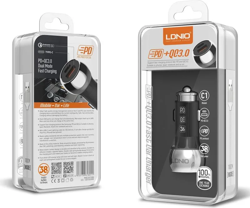 LDNIO φορτιστής αυτοκινήτου C1 με καλώδιο, USB & USB-C, 38W PD, μαύρος — εικόνα 6