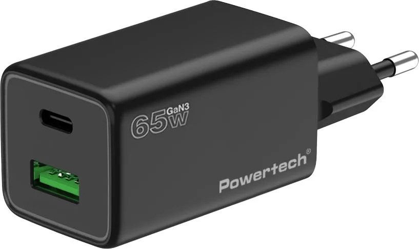 POWERTECH φορτιστής τοίχου PT-1501, USB/USB-C, 65W, GaN, μαύρος — εικόνα 2