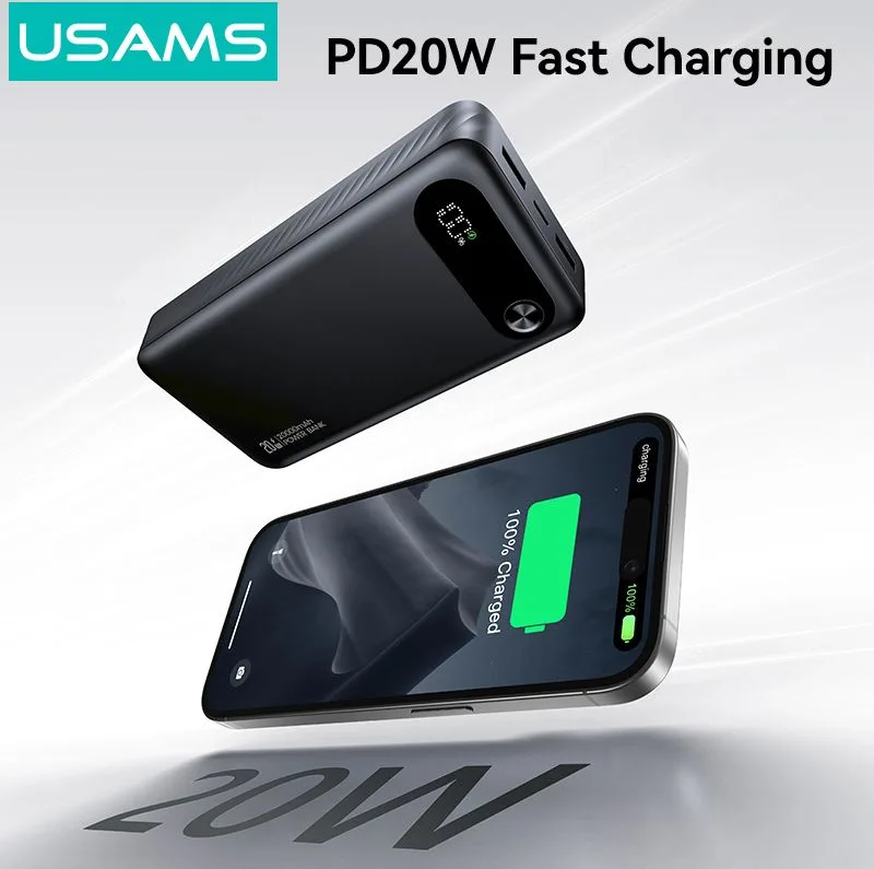 USAMS power bank CD251 με οθόνη, 3x θύρες εξόδου, 20000mAh, PD20W, μαύρο — εικόνα 4