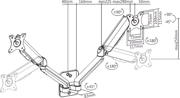 BRATECK επιτοίχια βάση για 2x οθόνες LDA32-114, 17-32", έως 9kg — εικόνα 4