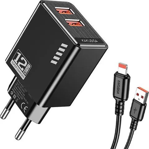 KAKUSIGA φορτιστής τοίχου KSC-1238 με καλώδιο Lightning, 2x USB, 12W, μαύρος