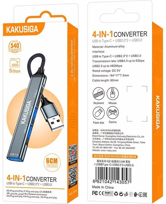 KAKUSIGA USB hub KSC-1416, 4x θυρών, USB 3.0, 5Gbps, USB σύνδεση, γκρι — εικόνα 5