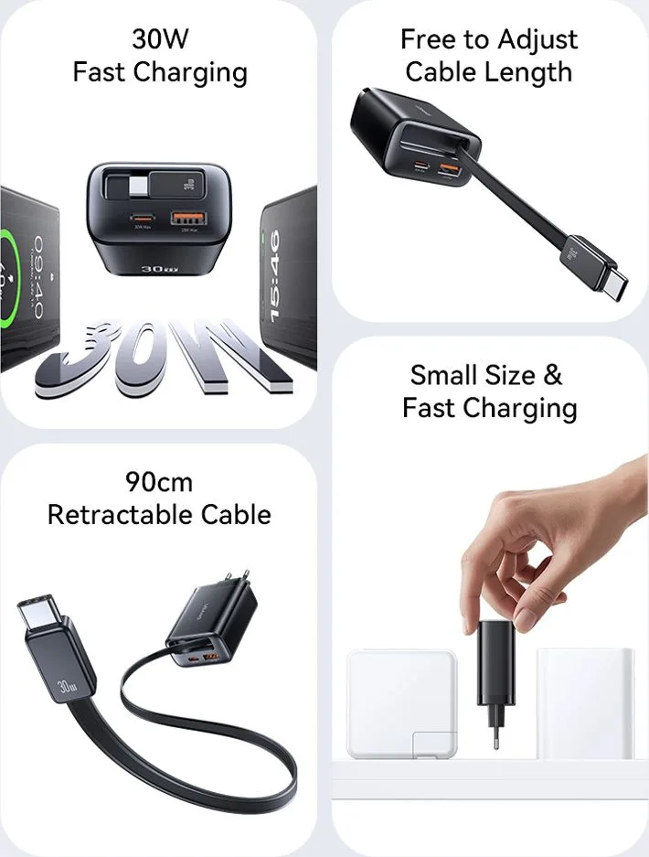 USAMS φορτιστής τοίχου CC296 με καλώδιο, USB & USB-C, 30W, μαύρος — εικόνα 3