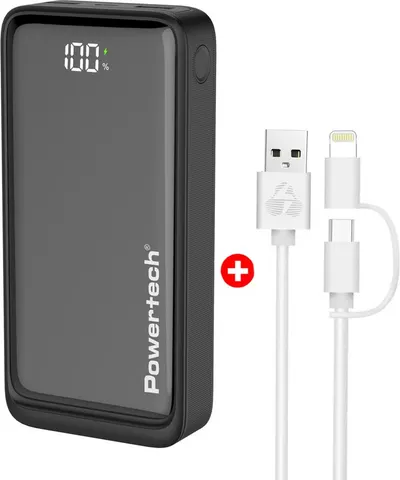 POWERTECH power bank PT-1327 με οθόνη & MFi καλώδιο USB σε Micro/Lightning, 20000mAh
