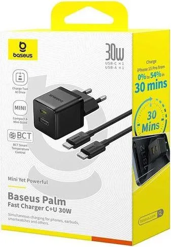BASEUS Palm φορτιστής ΓΡΗΓΟΡΗΣ φόρτισης, 2 ΘΥΡΕΣ, με καλώδιο Type-C ΣΕ Type-C, 30W, ΜΑΥΡΟΣ — εικόνα 2