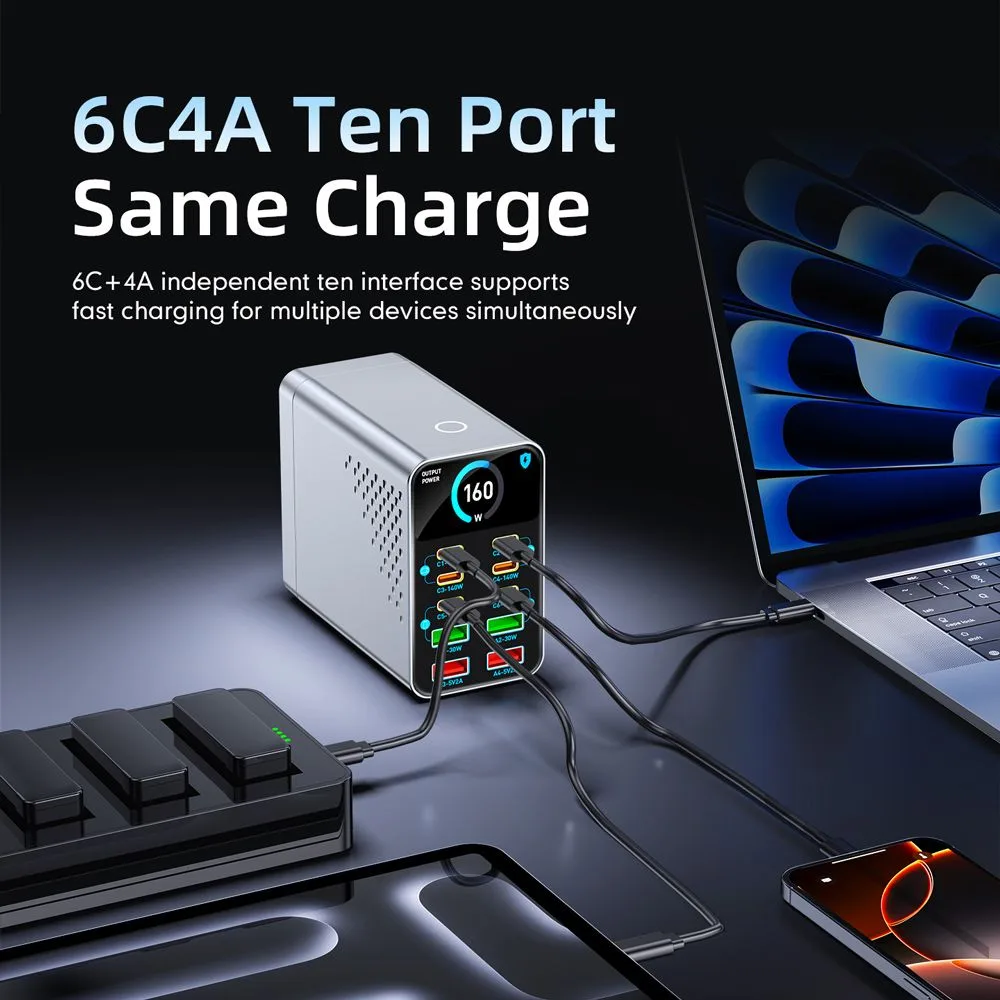 POWERTECH σταθμός φόρτισης PT-1687, 4x USB & 6x USB-C, GaN, 165W, γκρι — εικόνα 2