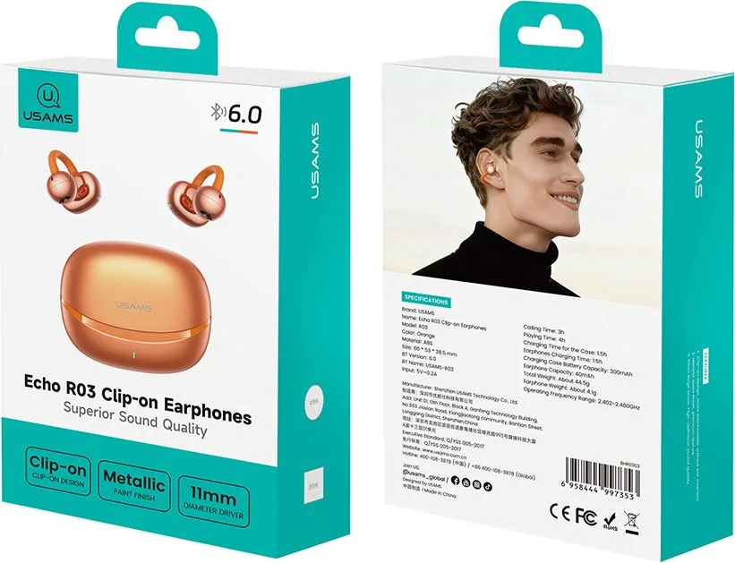 USAMS earphones με θήκη φόρτισης Echo R03, OWS, Φ11mm, 40/300mAh, πορτοκαλί — εικόνα 8