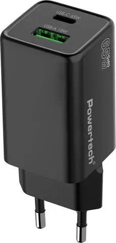 POWERTECH φορτιστής τοίχου PT-1501, USB/USB-C, 65W, GaN, μαύρος
