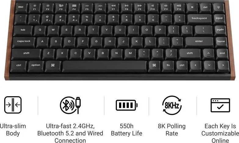 Keychron K3 Ultra (K3U-H1) ZMK 8K Wireless Mechanical Keyboard Red Switch Low Profile Wood Frame 75% — εικόνα 2