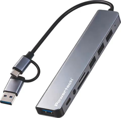 POWERTECH USB hub PTR-0205 με card reader, 8 θυρών, USB & USB-C σύνδεση, γκρι